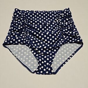 Navy and white polka dot high waisted runched side,swim bottom size XL
